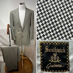Southwick Vintage Men's 43L Blazer 37x31 Black Beige Houndstooth Slim Suit